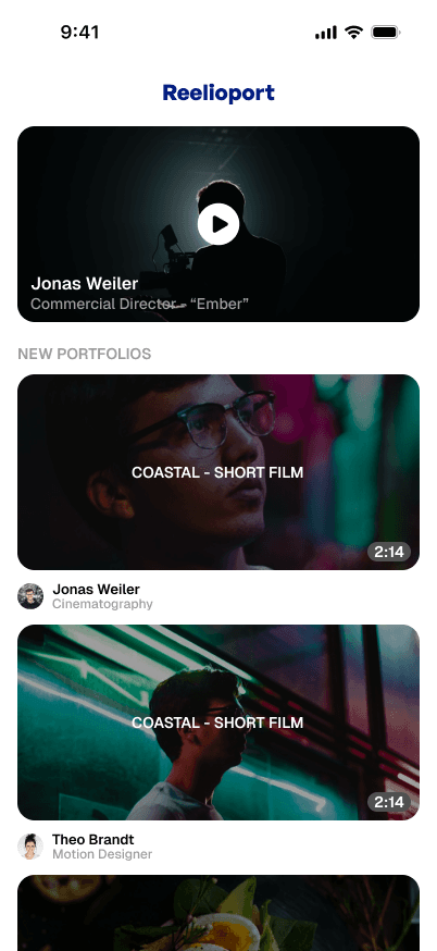 Reelioport profile feed with featured reel and new portfolios