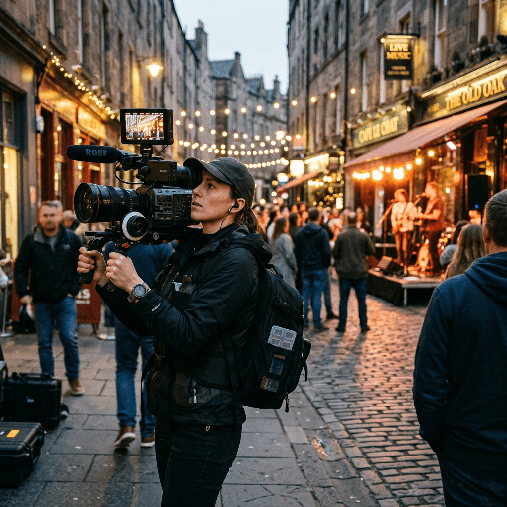 Videographer filming on a lively city street at night
